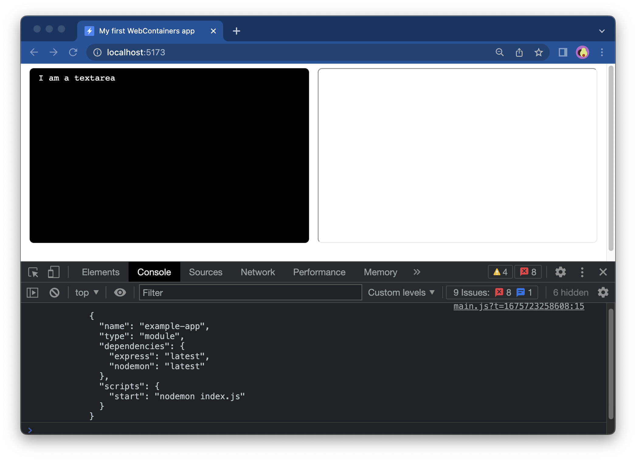 The open dev tools console logs the contents of the package.json